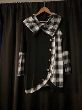 Black Tunic with Blue & White Plaid Accents